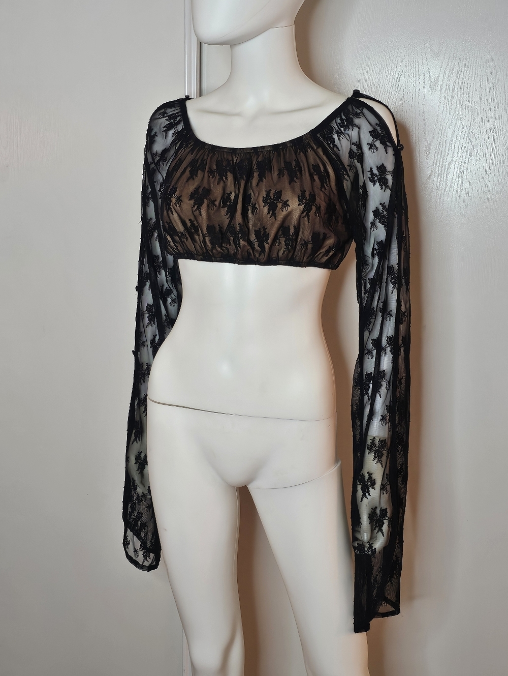 Hera Collection Womens Sheer Blk Lace Long-Sleeve Cropped Tube Top Size S